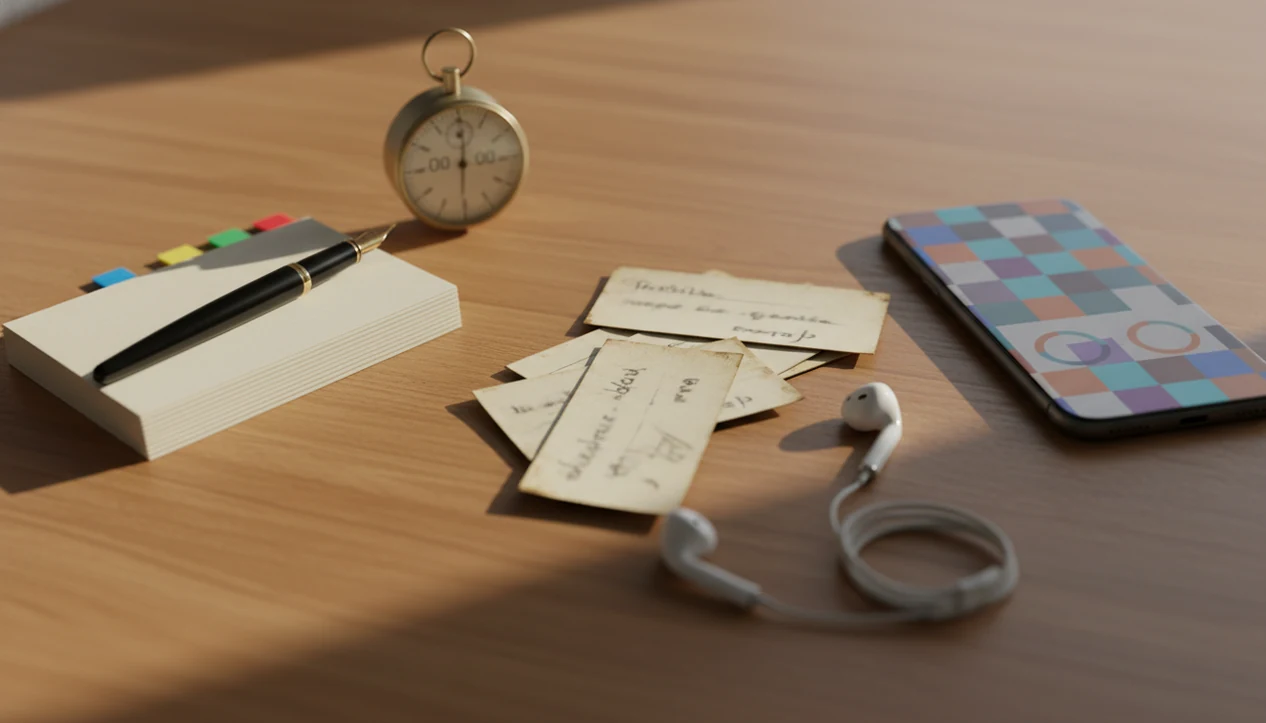 A desk shows paper flashcards, a timer, earbuds, and a phone as two vocabulary study approaches.