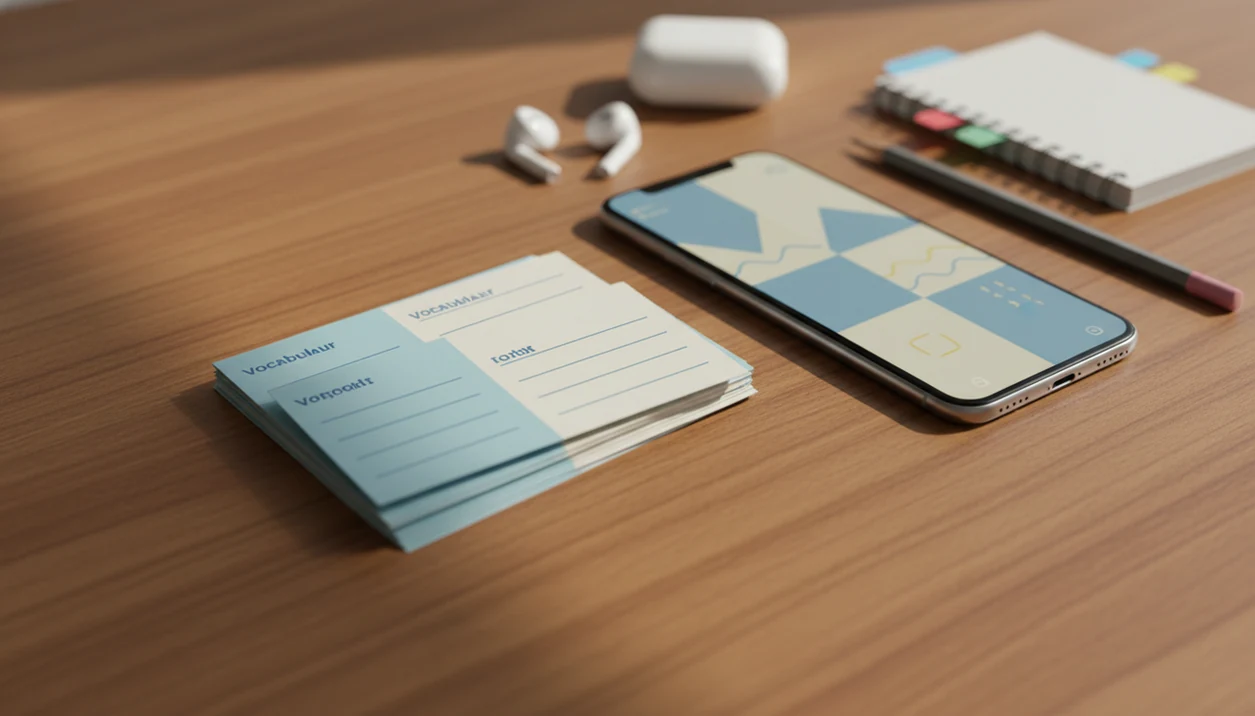 Blank paired vocabulary cards, phone, earbuds, and notebook arranged on a study desk.