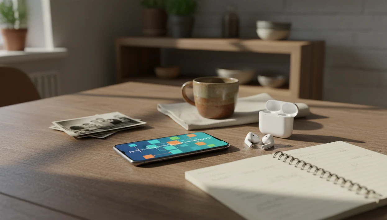 A phone, earbuds, family photos, and a notebook sit on a kitchen table for Portuguese phrase practice.