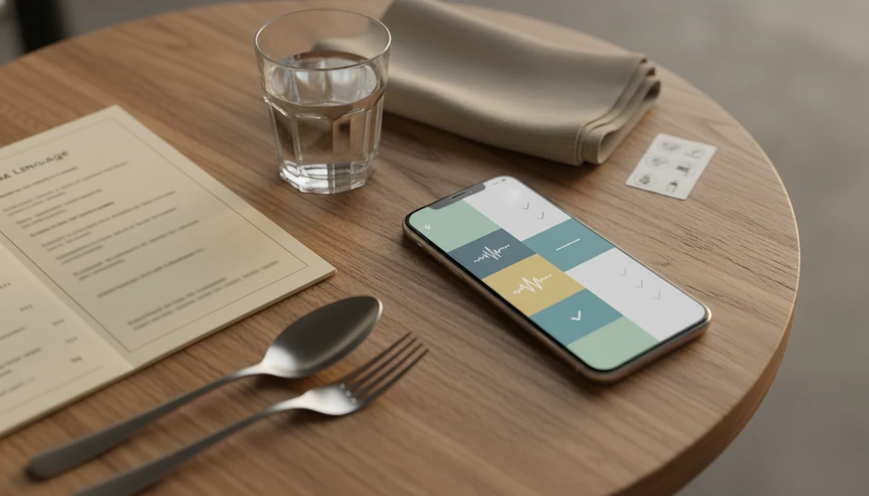 A smartphone with abstract phrase-learning screens sits beside a menu and utensils on a restaurant table.