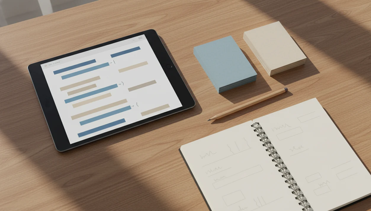 A tablet and study cards show color-coded sentence patterns for comparing Spanish and English grammar.