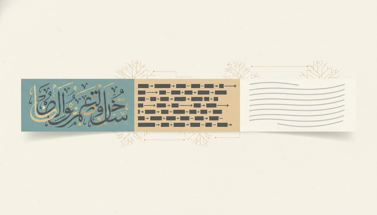 Layered paper strips show Arabic-like marks, gloss blocks, and natural meaning lines connected by arrows.