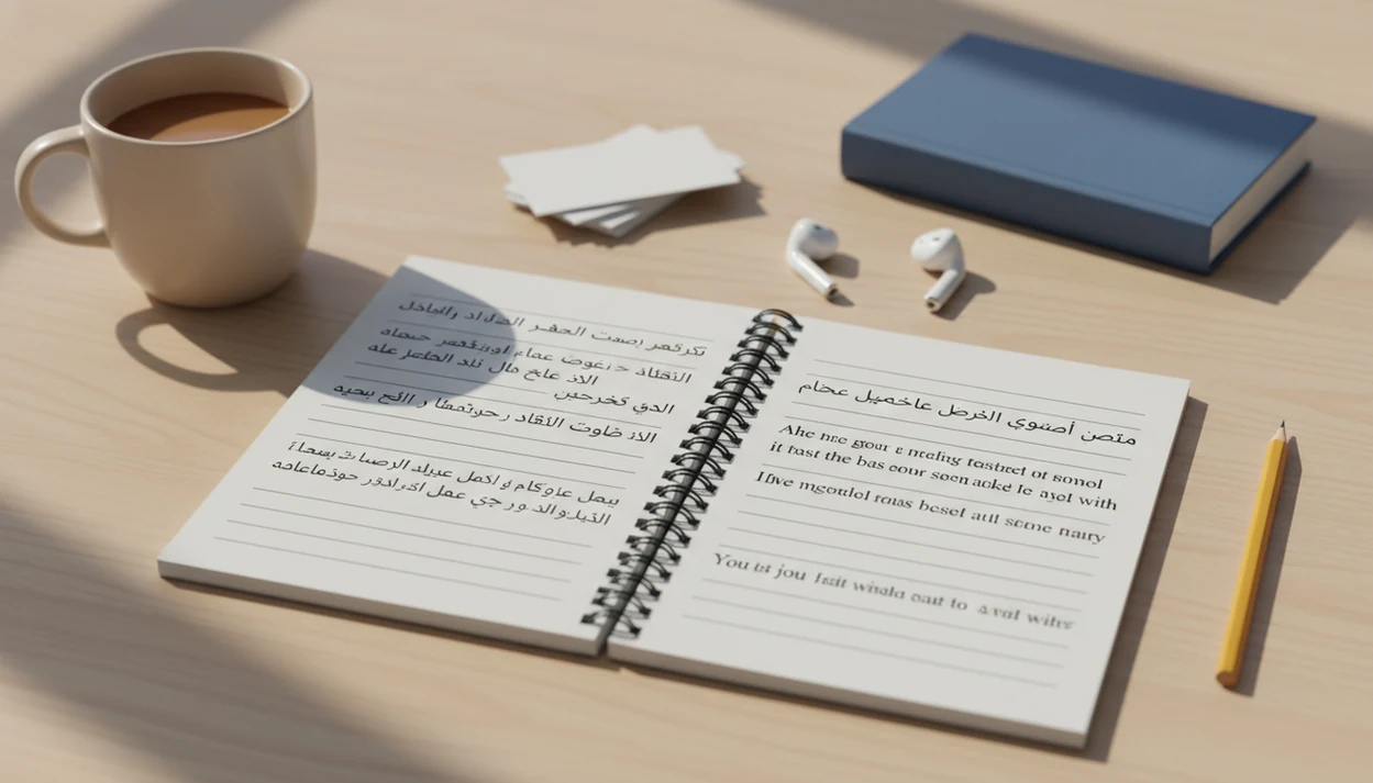 A quiet study desk with a notebook, flashcards, pencil, dictionary, and earbuds for Arabic to English practice.