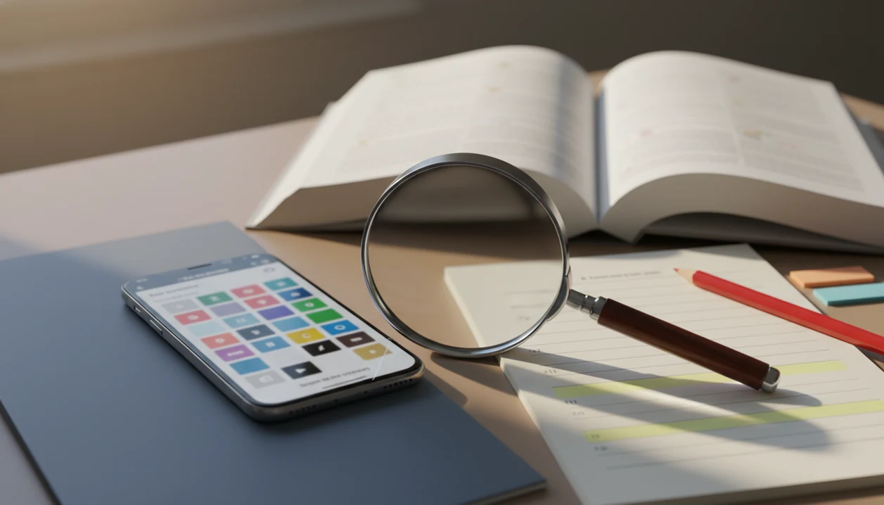 A phone, grammar book, notebook, and magnifying glass on a desk suggest checking language app accuracy.