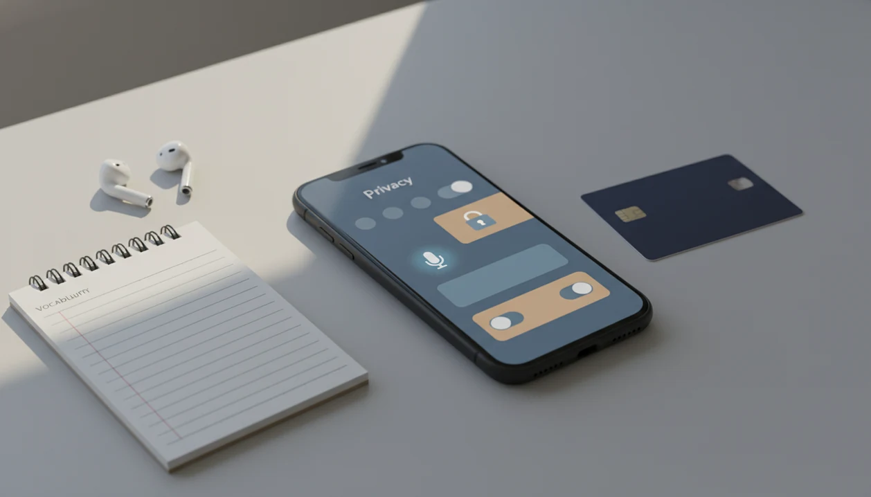 A smartphone with abstract privacy controls sits beside earbuds, a notebook, and a hidden payment card.