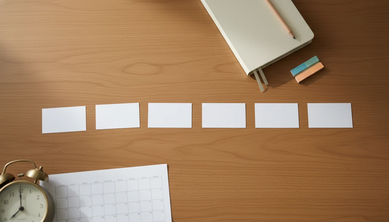 Blank flashcards spread at increasing intervals across a study desk to show spaced repetition.