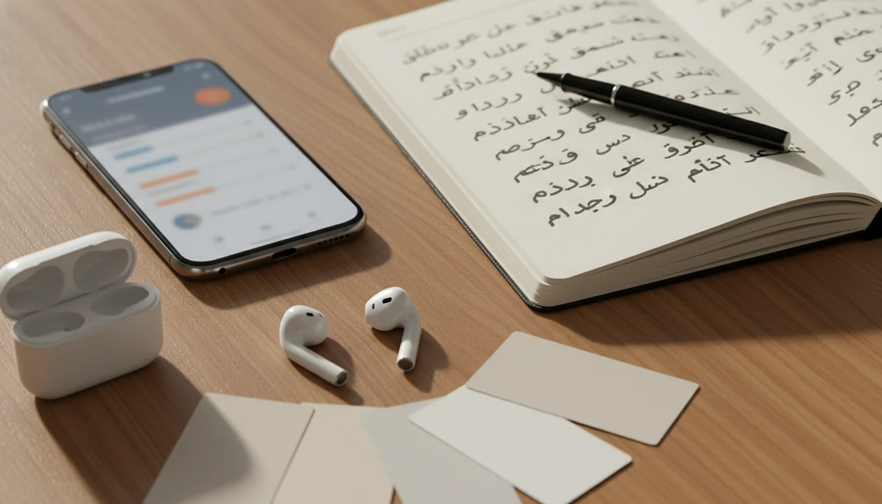 A desk flat lay shows a phone, earbuds, pen, and Arabic script practice materials for comparing learning apps.