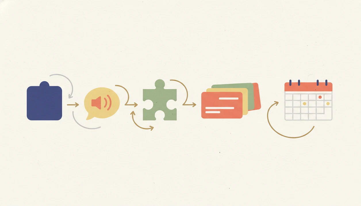 A wordless workflow diagram shows script tiles, audio, grammar, phrase cards, and spaced review stages.