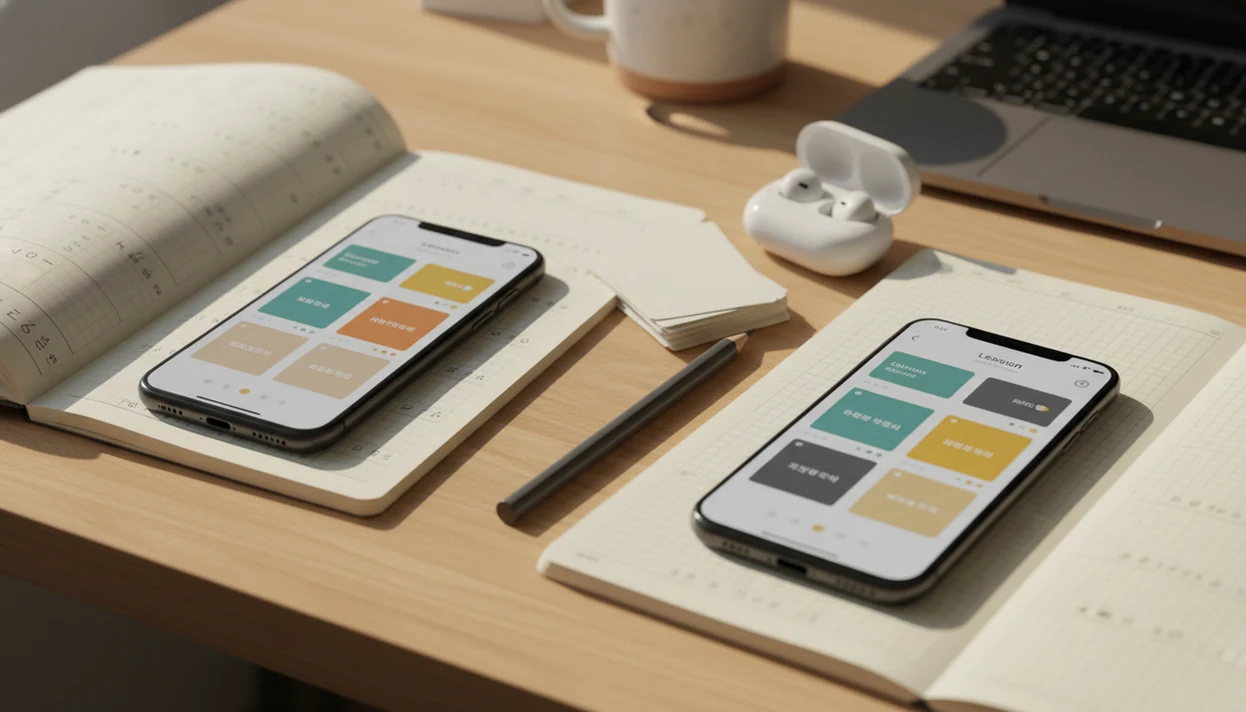 Two language-learning phones sit with blank script notebooks, flashcards, pencil, and earbuds on a study desk.