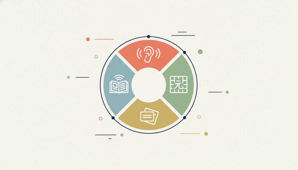 A wordless circular diagram uses icons for tone listening, character review, vocabulary cards, and graded reading.