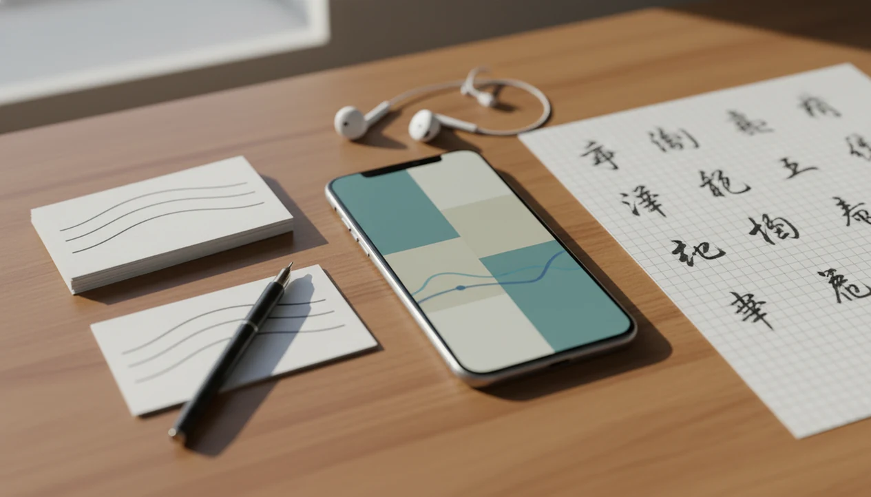 A Mandarin study desk with a phone, tone cards, practice paper, pen, and earbuds arranged for app-based learning.