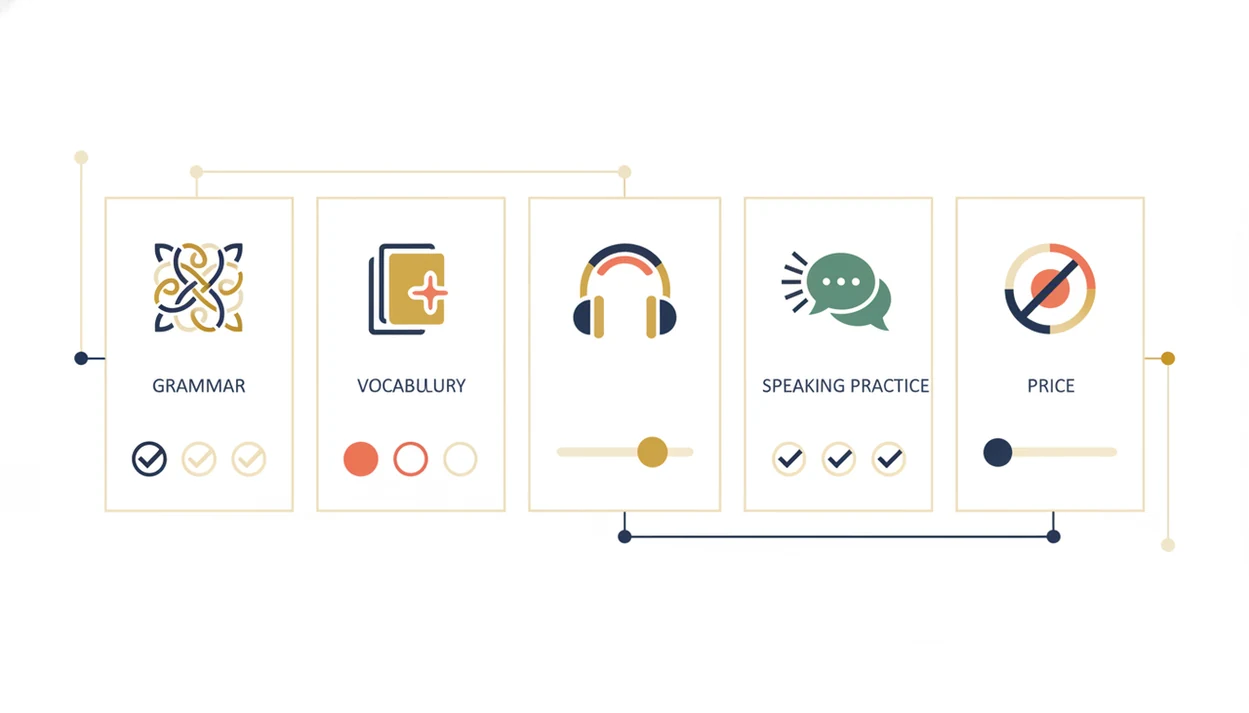 A simple decision board uses icons to compare grammar, vocabulary, pronunciation, speaking, and cost.