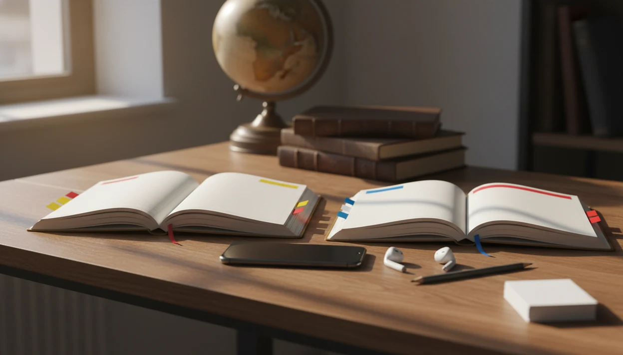 A tidy study desk compares Spanish and French learning materials beside a face-down phone.