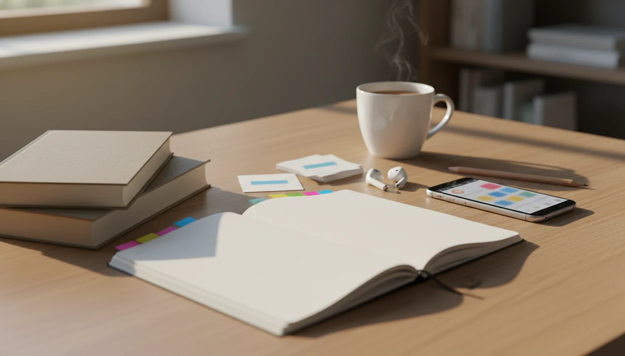 A study desk shows a phone, notebook, earbuds, and flashcards arranged for free language learning.