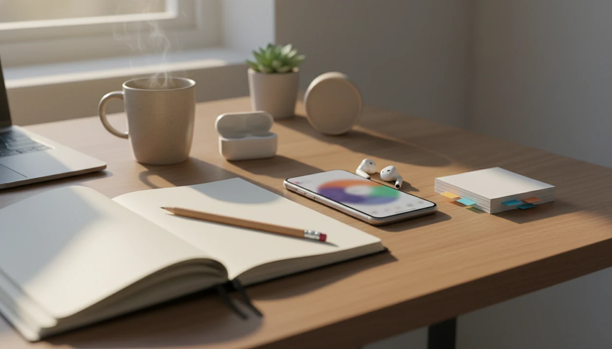 A tidy adult language study desk with a phone, notebook, flashcards, earbuds, and a mug in warm light.