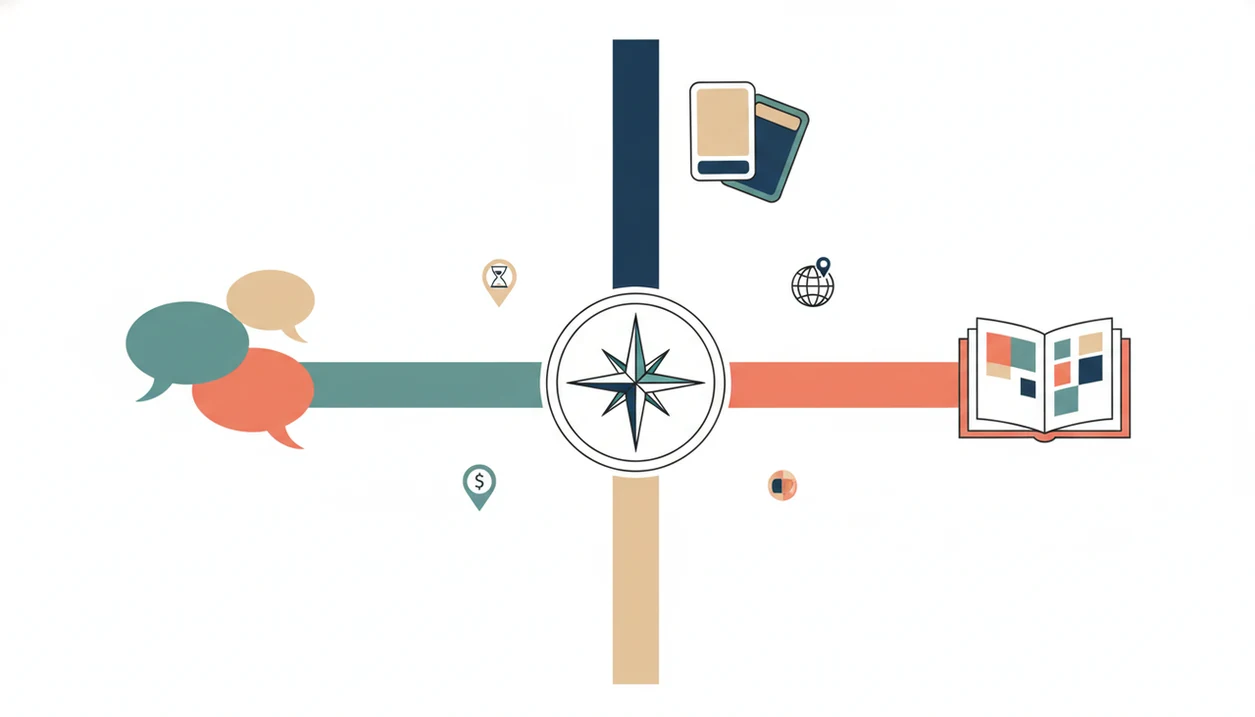 A clean illustrated decision map shows paths for speaking, vocabulary, and grammar app choices.