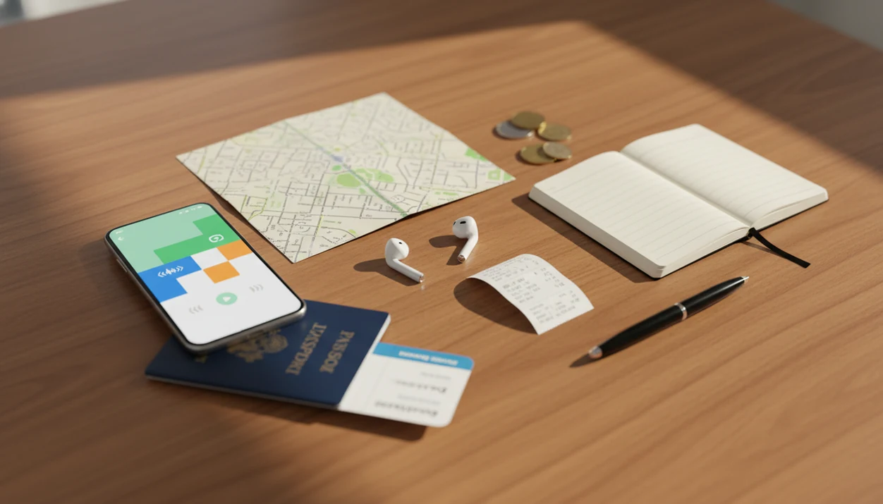 Travel essentials arranged around a phone for learning practical phrases before a trip.