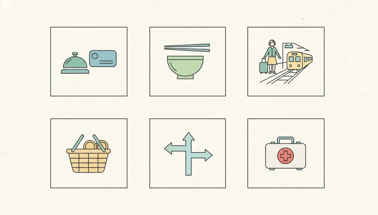 Illustrated panels show common travel scenarios such as hotels, food, transport, shopping, directions, and emergencies.