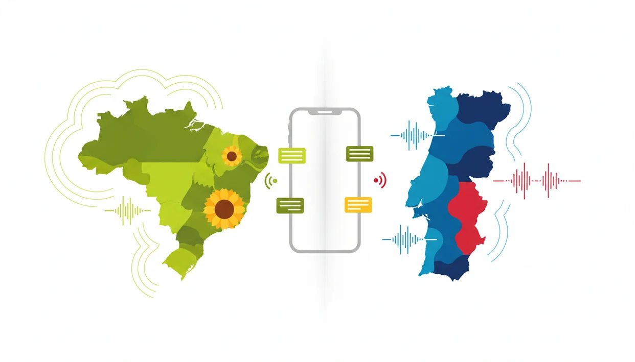 A split illustration shows Brazilian and European Portuguese as different audio and vocabulary paths.