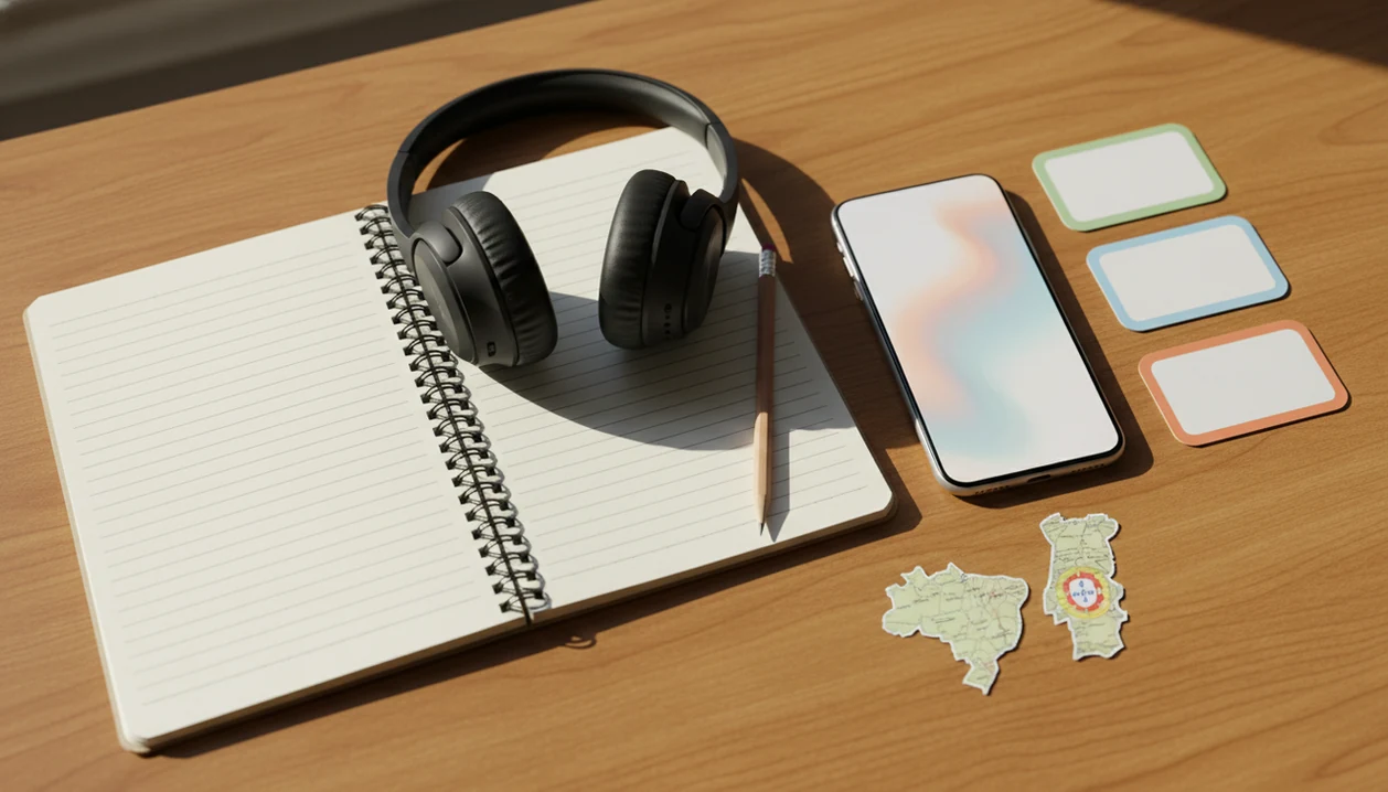 A desk setup with headphones, notebook, phone, and Brazil and Portugal map cutouts for Portuguese study.