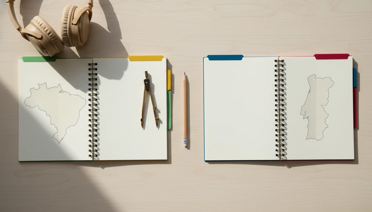 Two blank notebooks with Brazil and Portugal map cutouts suggest choosing a Portuguese learning path.