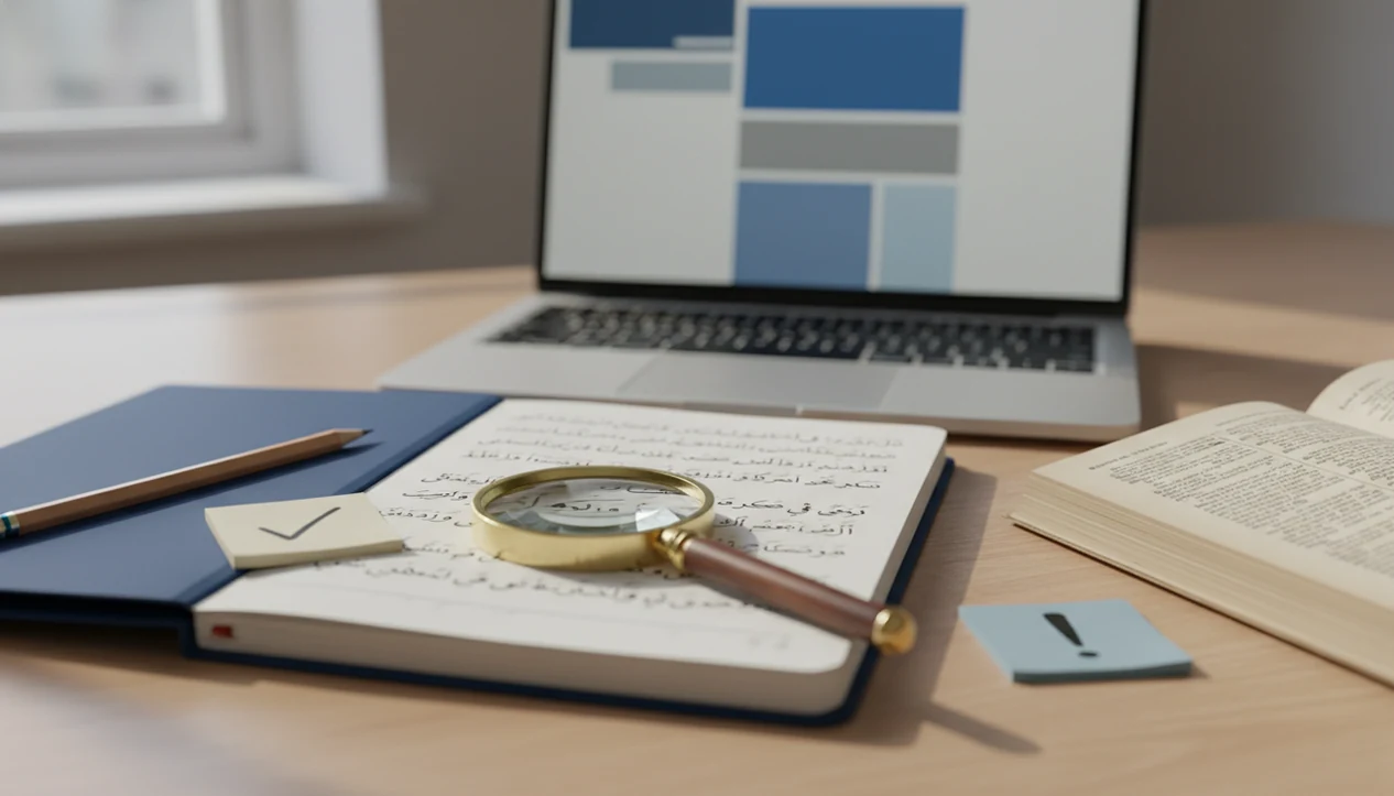 A desk with Arabic study materials, a laptop, and a magnifying glass suggesting careful translation checks.