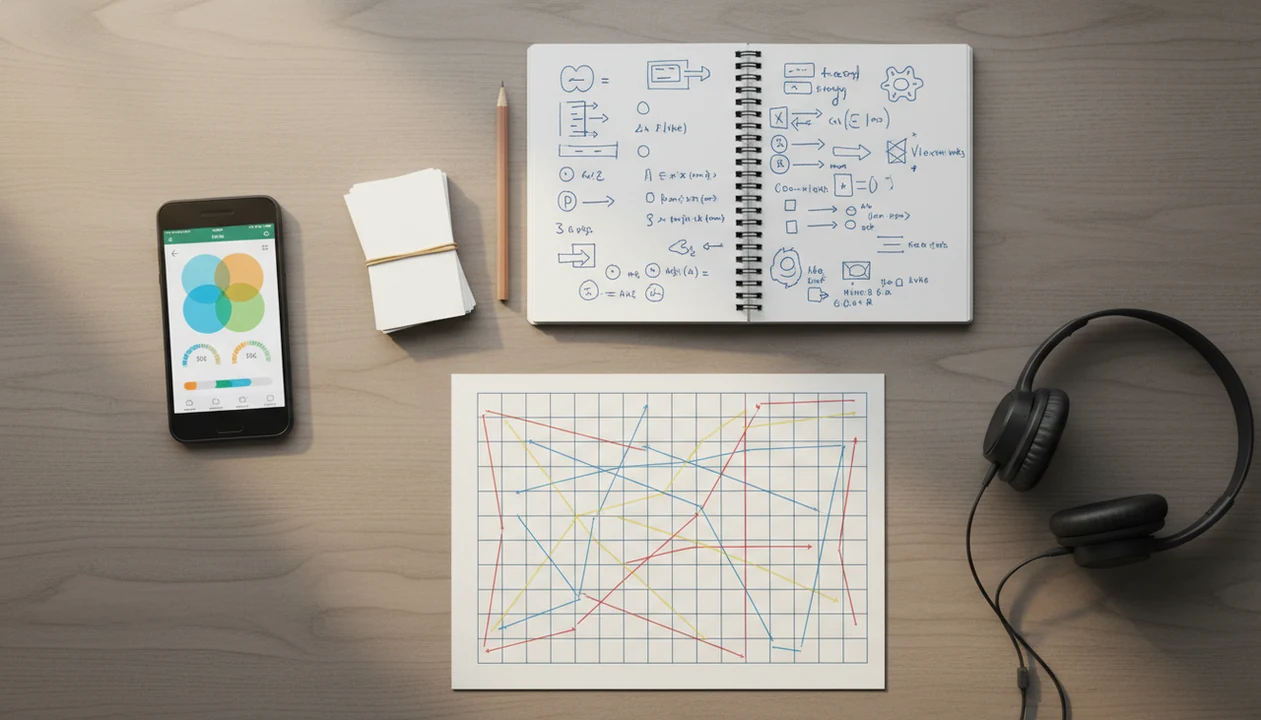 A study desk pairs a language app with notes, vocabulary cards, headphones, and grammar practice materials.