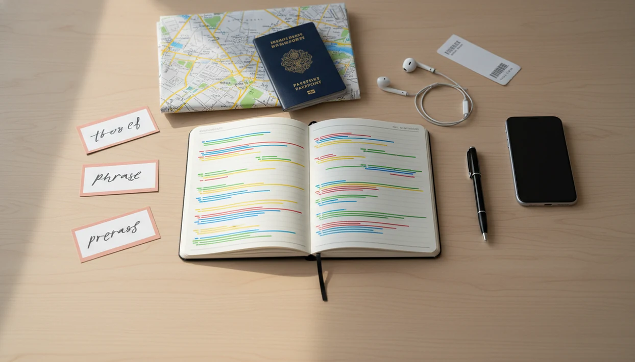 A tidy travel language study setup with flashcards, notebook, map, passport, earbuds, and a phone.