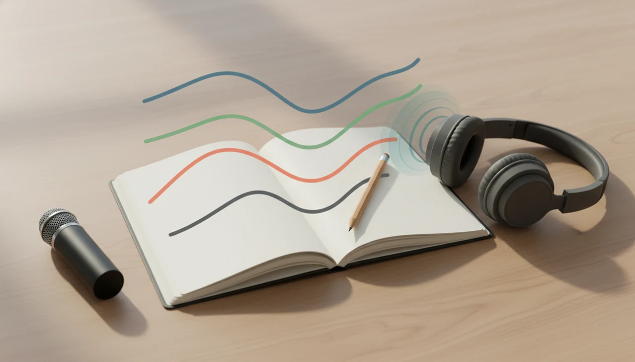 A notebook, headphones, and microphone with floating pitch curves suggesting Mandarin tone practice.