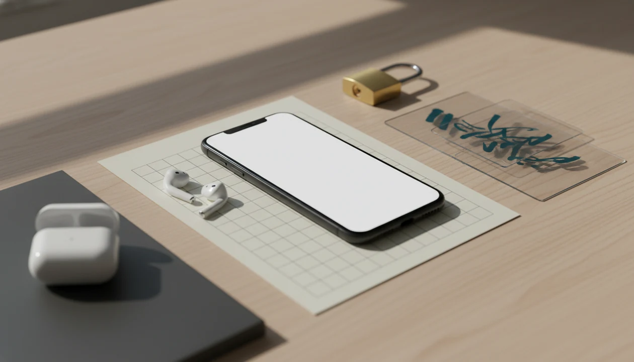 A phone, earbuds, checklist, and privacy lock arranged for evaluating an Arabic learning app.