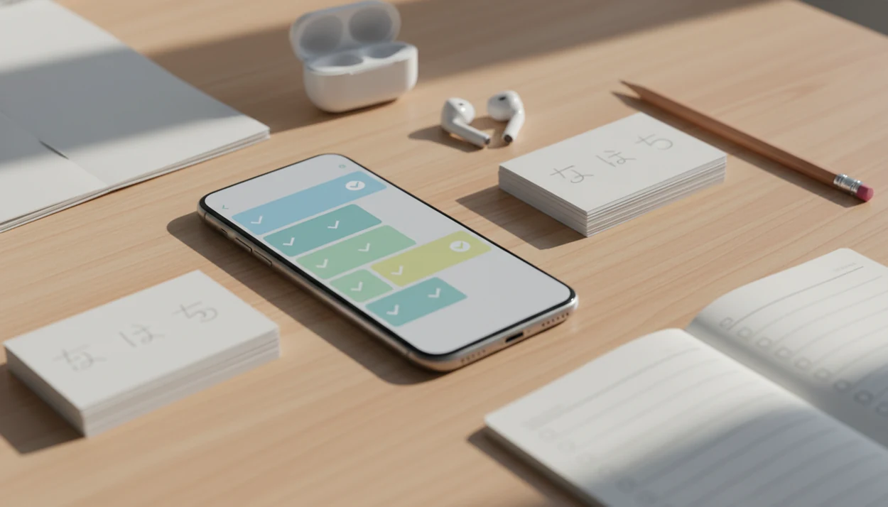 A phone, flashcards, earbuds, and a checklist notebook arranged for choosing a Japanese learning app.