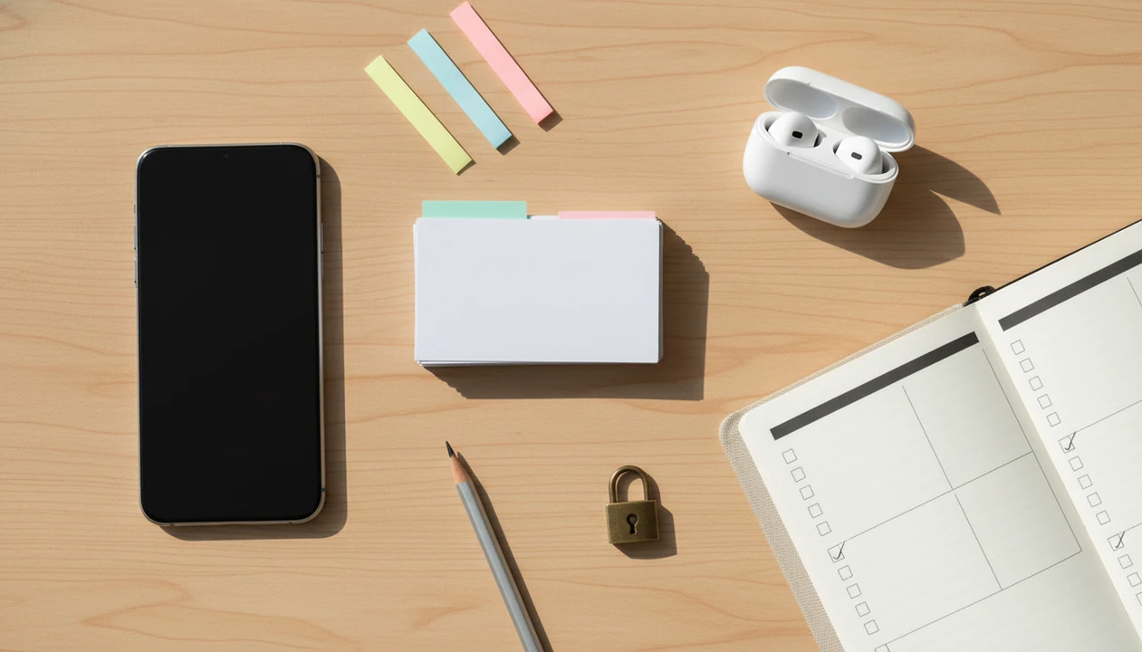 A phone, earbuds, blank study cards, and a checklist notebook arranged for choosing a Korean learning app.