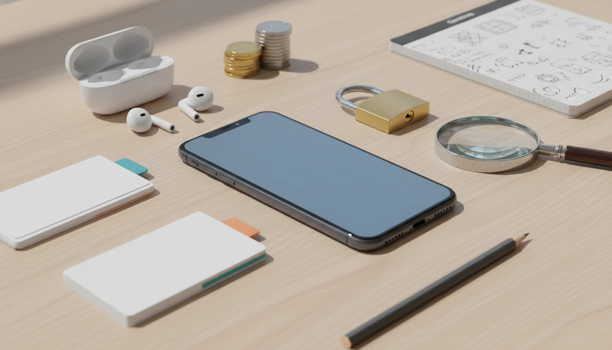 A phone, padlock, magnifying glass, flashcards, earbuds, and coins arranged for app download checks.