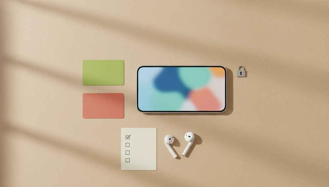 A phone, earbuds, checklist, and privacy lock arranged as a Portuguese app download decision setup.