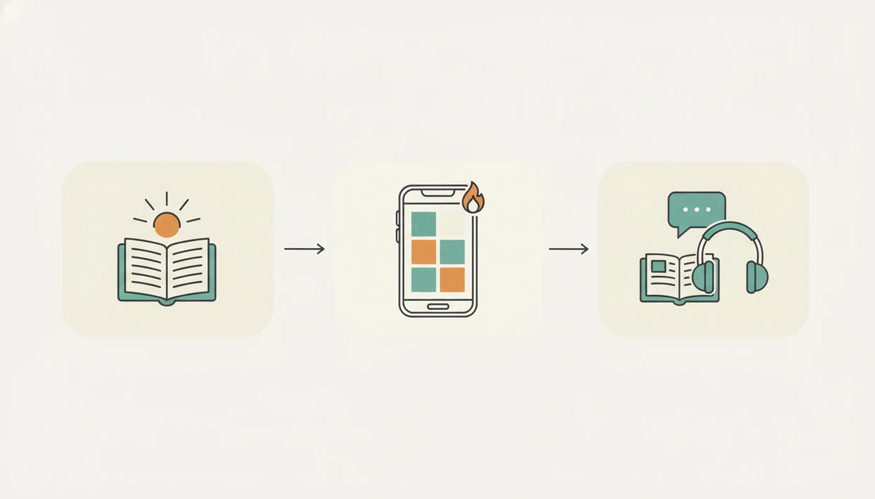 A simple workflow shows course lessons, daily app review, and speaking practice working together.