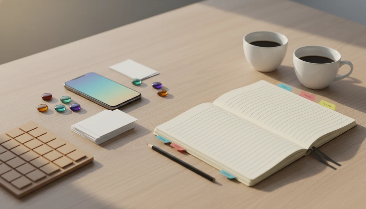 A study desk contrasts quick app drills with structured notebook learning for beginner language study.