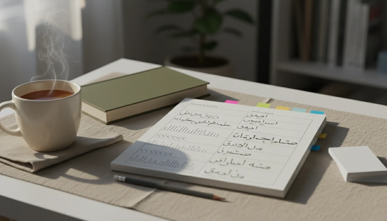 A learner’s desk with an open notebook arranged for English to Arabic translation practice.