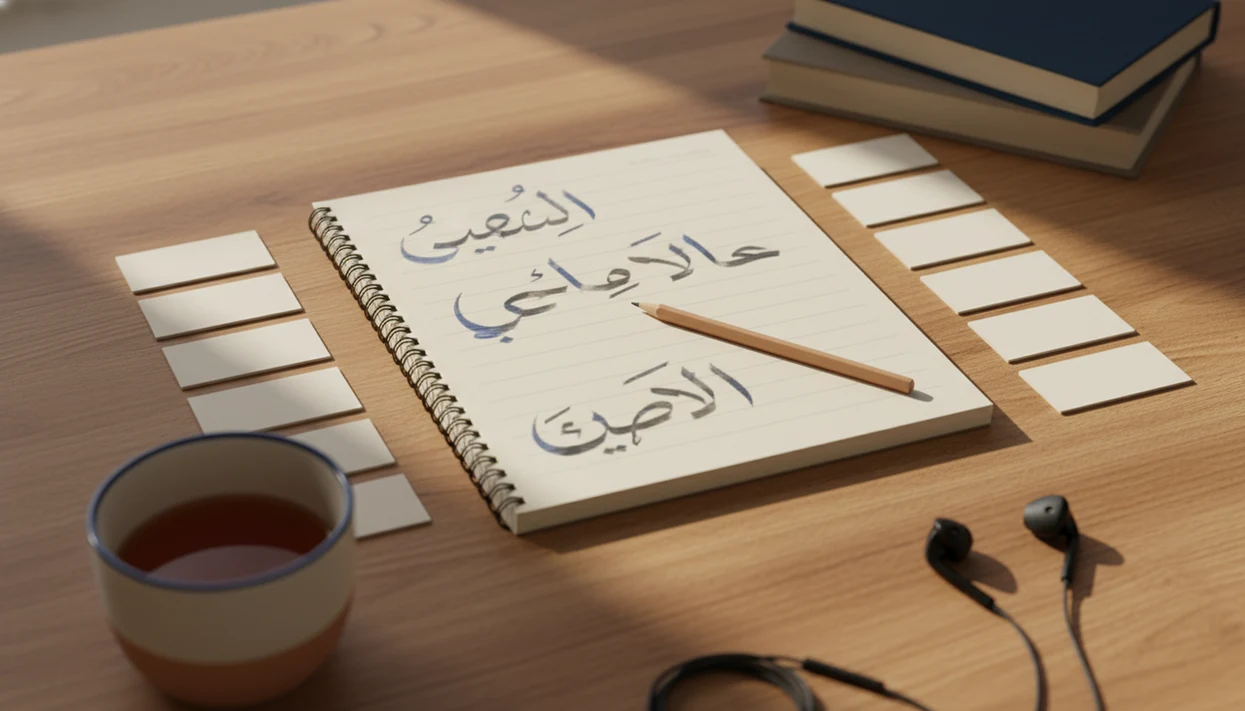 A tidy study desk with blank flashcards, a notebook, pencil, books, and earbuds for Arabic learning.