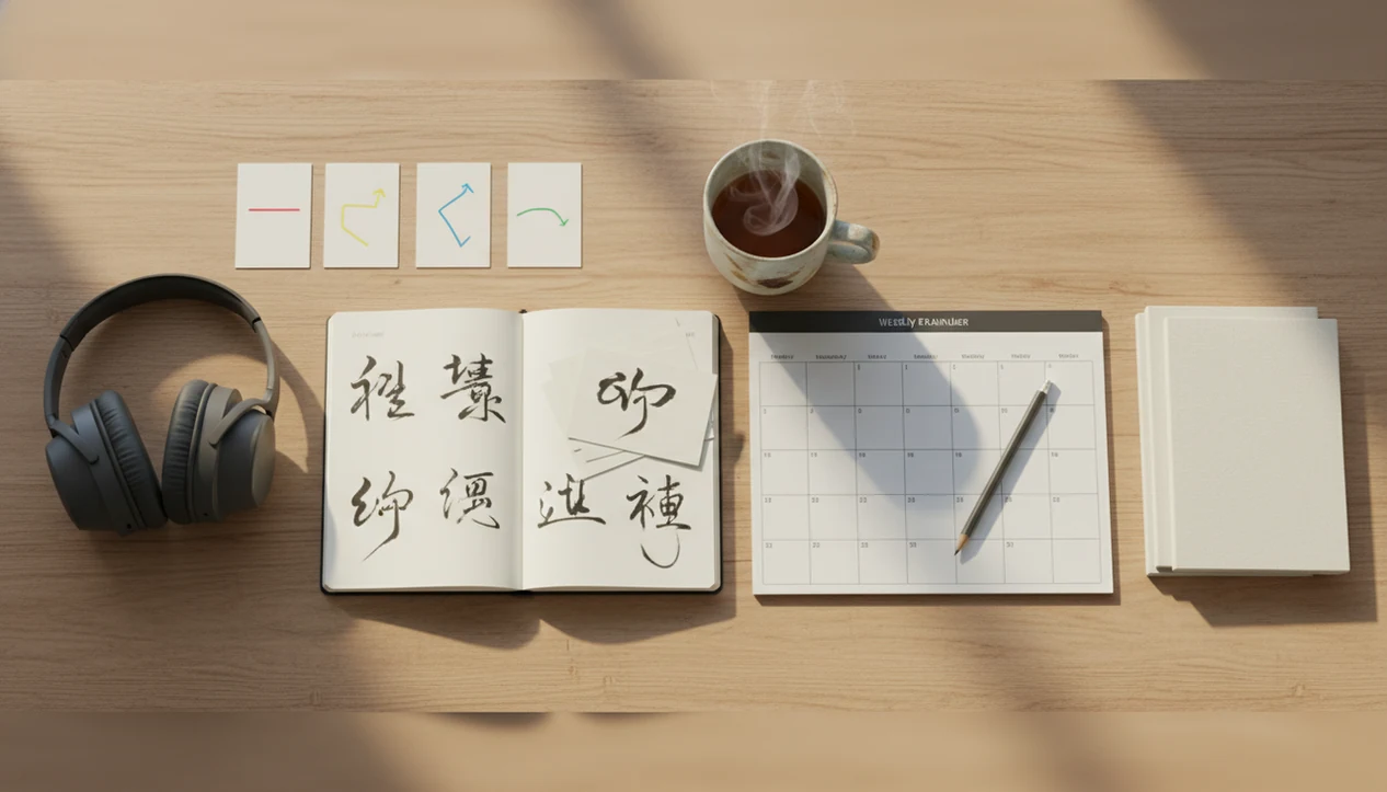 A tidy Mandarin study desk shows headphones, tone cards, flashcards, and a planner arranged as a learning path.