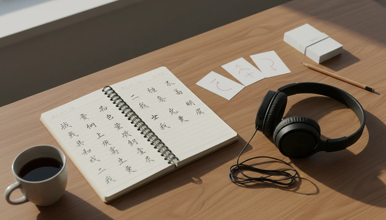 A calm desk setup shows Mandarin character practice, tone cards, headphones, and flashcards for study.