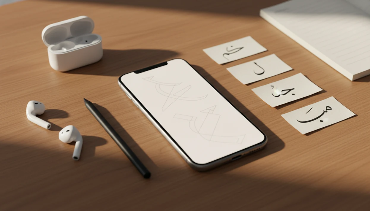 A phone, stylus, earbuds, and abstract script practice cards arranged on a study desk.