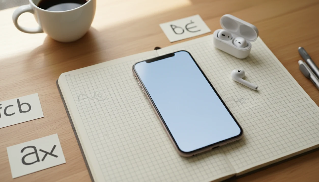 A phone, earbuds, stylus, and practice notebook arranged for beginner Korean alphabet study.