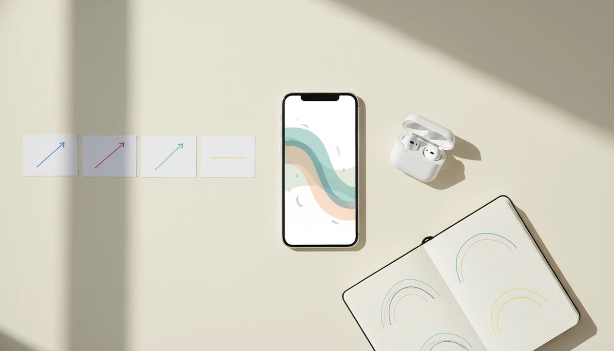 A phone, earbuds, and tone-curve flashcards arranged for focused Mandarin tone practice.