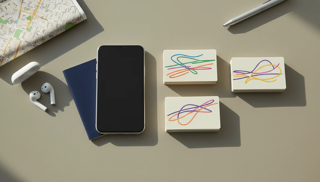 A travel planning flat lay with a phone, passport, earbuds, map, and unlabeled phrase cards.