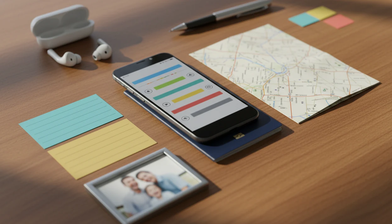 A phone, earbuds, map, passport, and family photo arranged as tools for learning Portuguese phrases.