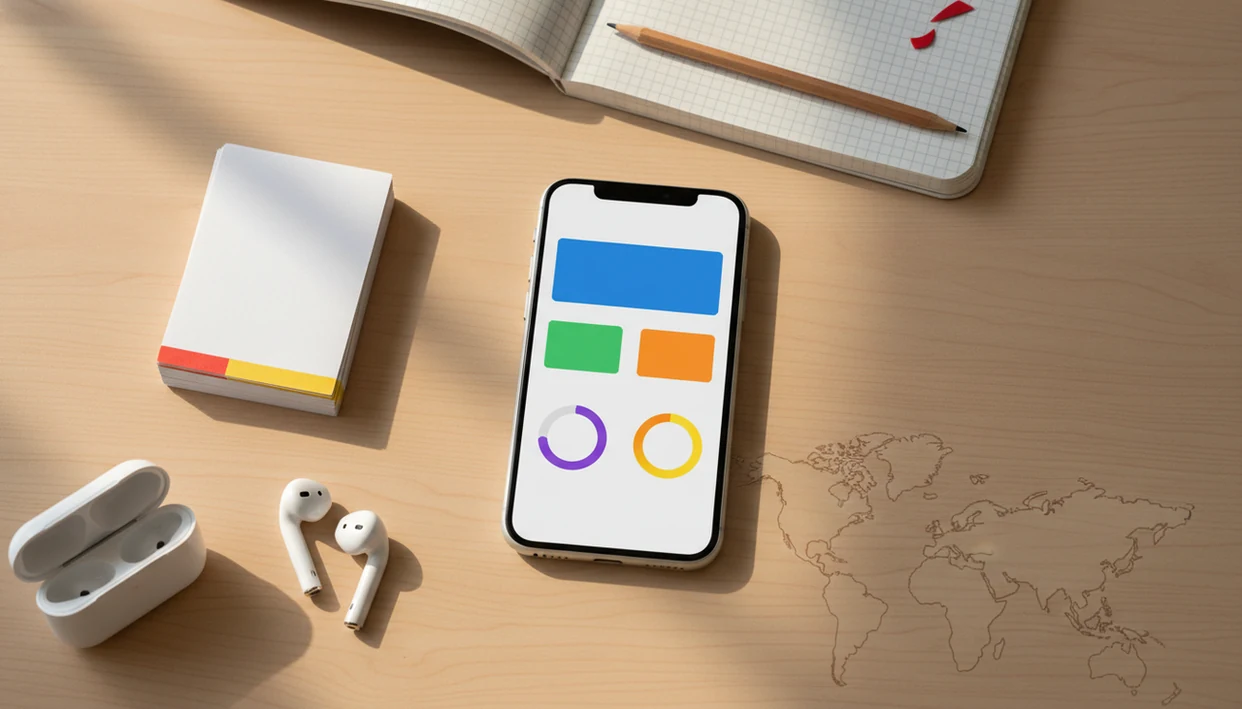 A phone, blank flashcards, earbuds, and study notes arranged for Spanish vocabulary practice.