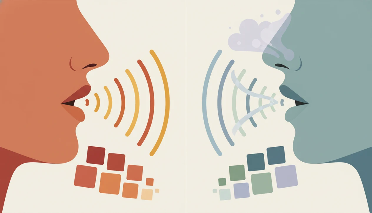 An illustrated comparison of clear Spanish sound waves and linked French pronunciation patterns.