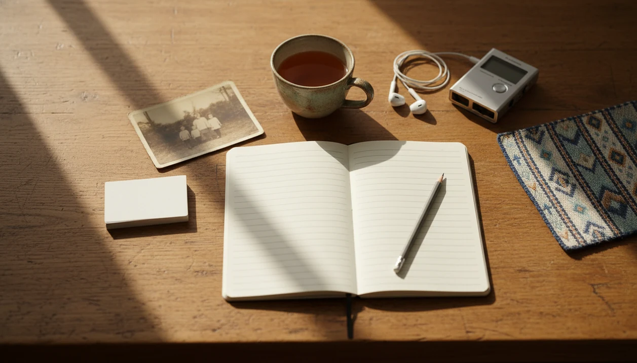 A study table with flashcards, notebook, family photo, and keepsakes for reconnecting with a heritage language.
