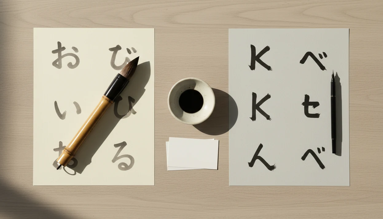 A study desk contrasts rounded and angular Japanese-style practice strokes on two sheets of paper.