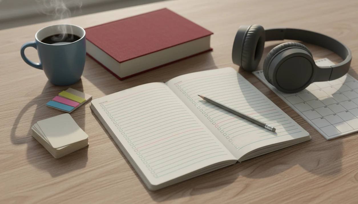 A tidy adult study desk with flashcards, notebook, headphones, and a blank 30-day practice calendar.